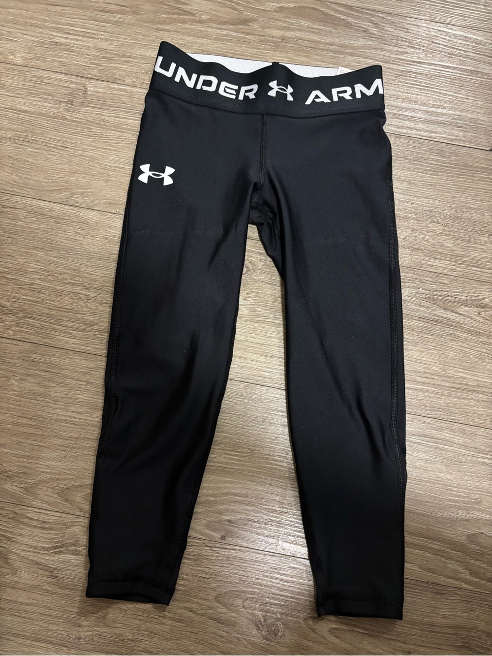 Under Armour Black Girls' Performance Leggings with White Logo Waistband